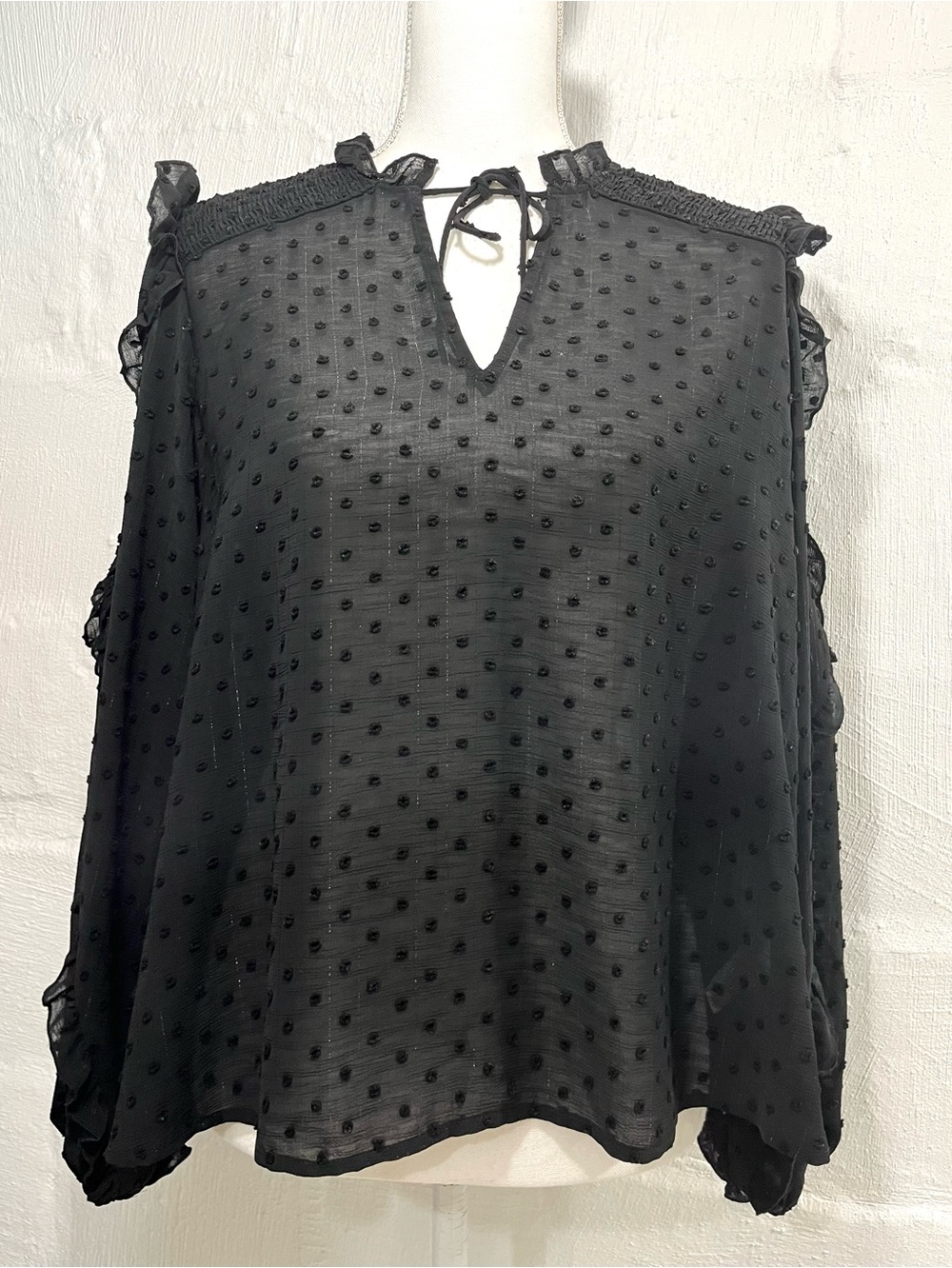 EXPRESS TEXTURED SHEER PULLOVER TOP RUFFLE TRIM